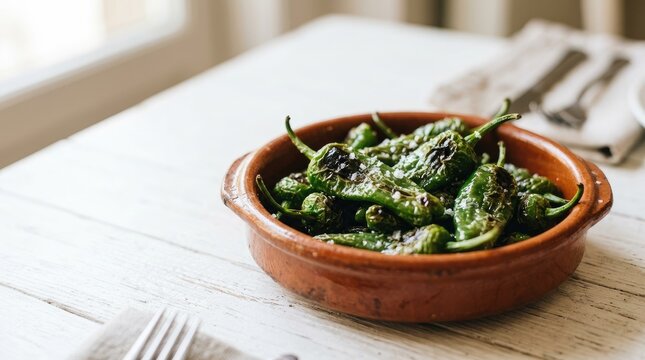 Bowl of blistered Padron peppers sprinkled with sea salt on a rustic white wooden table
