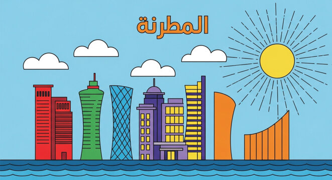 Colorful modern middle eastern city skyline vector illustration with sea sun clouds and unique skyscraper architecture in flat design style