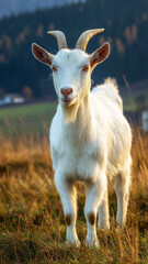 Obraz premium A white goat with small horns standing in a dry grassy field during golden hour, looking directly at the camera