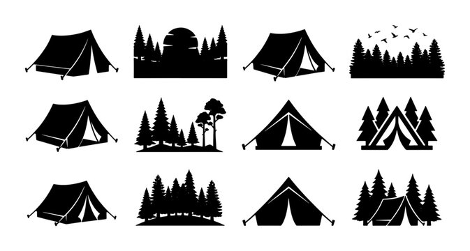 Camping icons set with 12 black vector silhouettes, outdoor adventure tent and forest pine tree symbols, wilderness nature landscape elements
