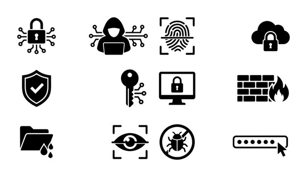 vector set of security and privacy symbols including lock shield fingerprint scanner bug eye with magnifying glass