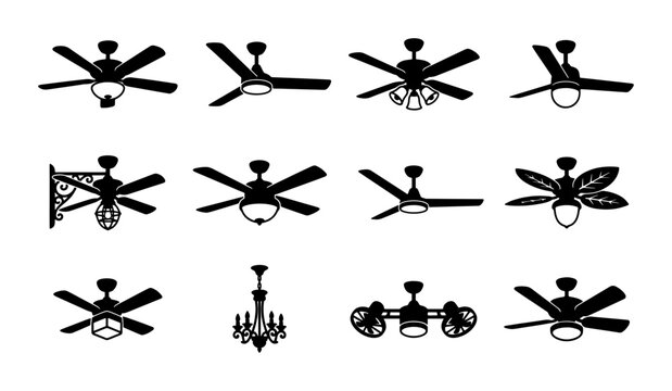 Ceiling fan silhouette icons set, modern and vintage electric fan collection with light fixtures, 12 black vector interior ventilation elements
