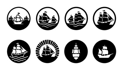 Vintage sailing ship icons, set of 8 nautical vessel silhouettes in circular frames, black and white maritime boat emblems for logo design and branding © Rumana