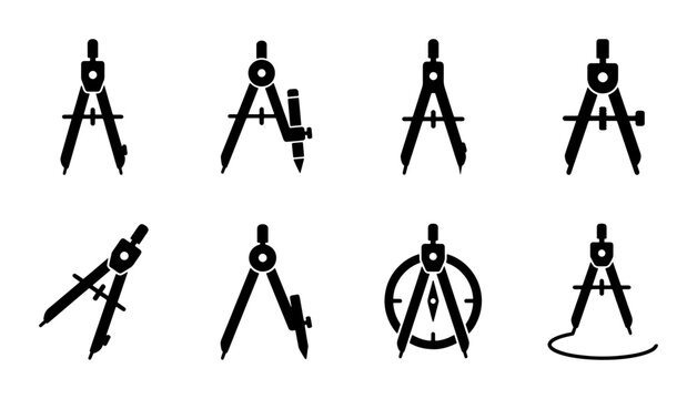 Minimalist drawing compass icons set, black drafting tool silhouettes for geometry and architecture, 8 professional technical divider vector symbols