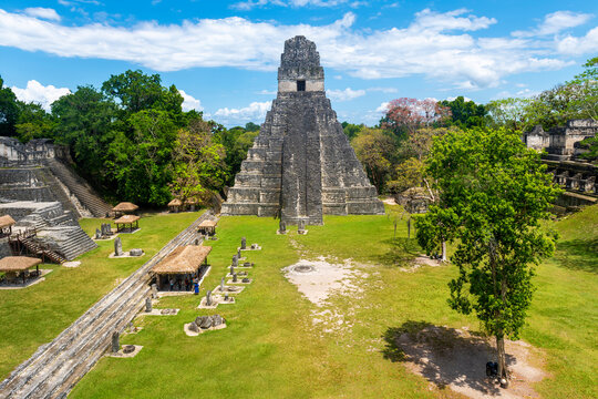 Great Plaza with Temple of the Grand Jaguar pyramid, Tikal national park, Guatemala.