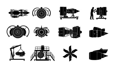 Aviation jet engine silhouette set, 12 aircraft turbine icons, aerospace engineering and aircraft maintenance vector elements for industrial design © Rumana