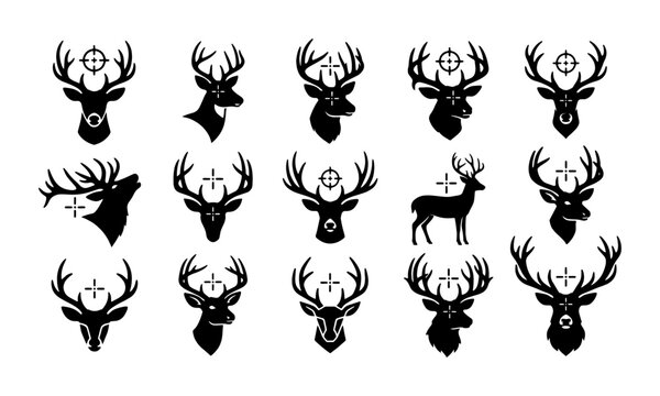 Hunting deer silhouettes with crosshair targets, set of 15 black buck head icons, wild reindeer and elk antlers for hunting club logos and outdoor sports
