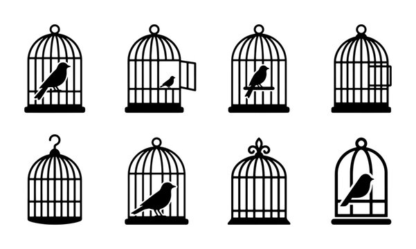 Vintage birdcage silhouette icons, set of 8 black bird cage vector illustrations, decorative pet enclosure symbols for interior design and logo branding