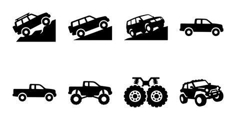 Off-Road Vehicle Icons Set: SUV, Truck, Monster Truck, 4x4 Driving on Inclines, Graphic Resources for Adventure and Exploration © Kawsar
