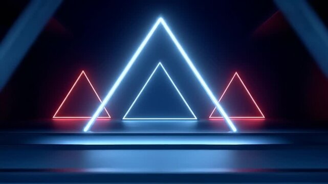 Futuristic neon triangles illuminated in a dark room. Blue and red hues enhance the design