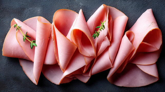 Thinly sliced ham arranged in a fan shape with fresh thyme sprigs deli meat party food