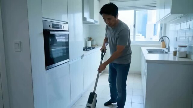 Picking up cordless vacuum, Asian man vacuuming galley kitchen floor in gray tee, cleaning by oven