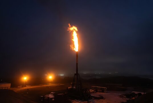 Industrial flare stack burning brightly against a dark, foggy night sky, illuminating the landscape.