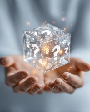 Transparent Cube Filled With Question Marks Held in Hands.