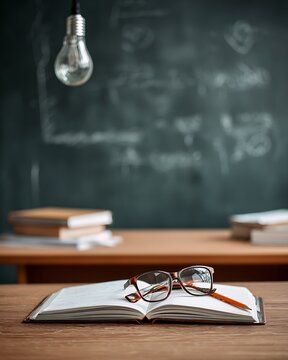 Vintage Classroom Desk with Open Book and Glasses Under a Lightbulb.