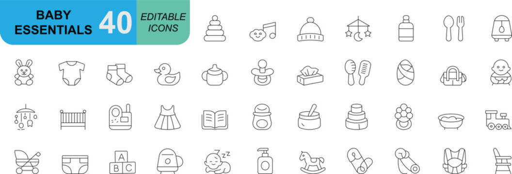 Modern minimal baby essentials icon collection covering newborn care, feeding, toys, nursery, hygiene and parenting items. Perfect for apps, ecommerce, healthcare and childcare design. Clean editable 