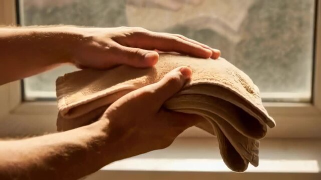 Cradling folded beige towel, hands smoothing folds and tidying at window with sun, bare forearms