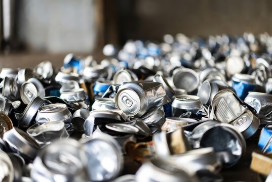 Pile of crushed aluminum cans, recycling, waste management, environmental protection, industrial background