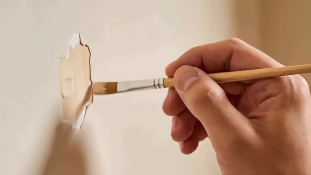 Touching hand holding flat brush fixing peeled drywall at home, smoothing beige paint, copy space