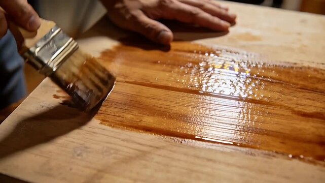 Applying first stroke, hands with blue cuff holding brush smoothing varnish to seal wood on bench