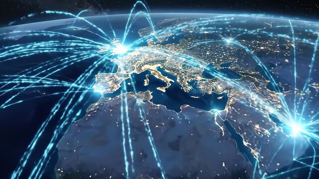 Global network connection map at night with illuminated continents and bright city links, digital communication and data concept, dark earth view, realistic detail, no logos
