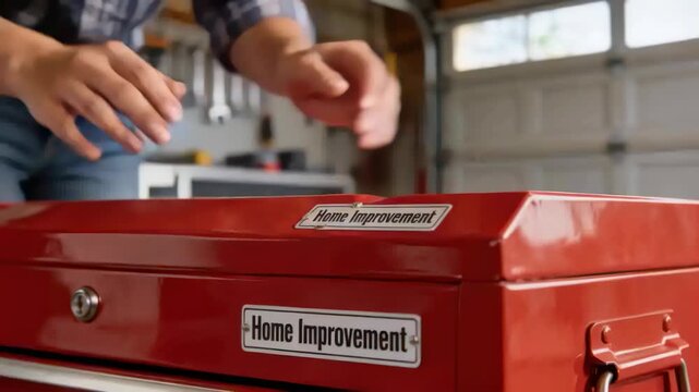Peeling woman's hands in plaid sleeves aligning and smoothing decal to label red toolbox in garage