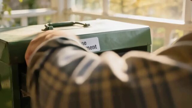 Peeling Home Improvement sticker, plaid man aligning and opening green toolbox on sunlit porch