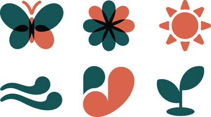 Fototapeta premium Abstract nature icon set, butterfly flower sun wind leaf symbols collection modern flat vector design package