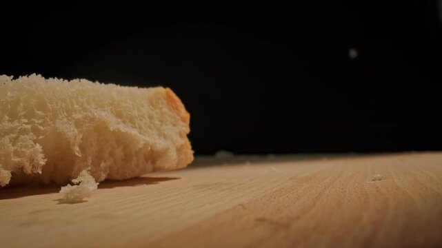 Slices of freshly baked bread falling onto a wooden board against a black background. Concept of baking, culinary arts, and food photography, ideal for use in gastronomy and lifestyle magazines.