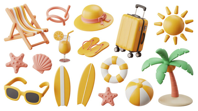 Colorful beach and summer icons set