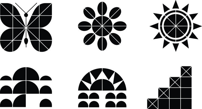 Geometric abstract icons set, butterfly flower sun rainbow block symbols modern minimal vector design collection package