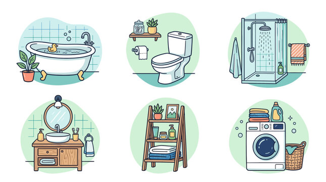 Hand drawn bathroom interior scenes set in cozy doodle illustration style