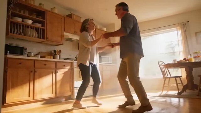 Sunlight urging dancing couple in cardigan, holding hands, turning in kitchen near table with juice