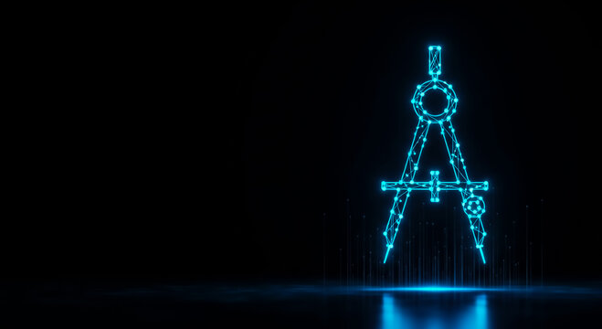 High-tech neon compass design with glowing blue lines and nodes, futuristic navigation symbol on black reflective background.