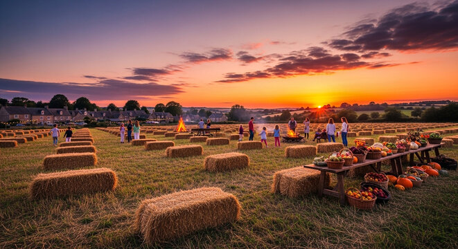 Autumn harvest scene, pumpkin patch at sunset, rural landscape with hay bales, fall season