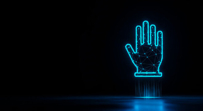 Bright cyan neon hand outline glowing against a black backdrop, symbolizing touch, gesture control, and digital interaction in tech.
