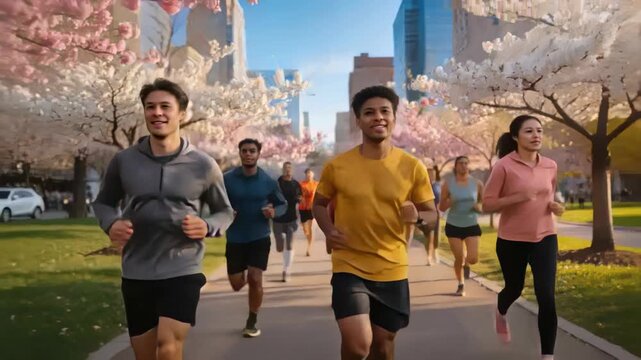 Jogging three runners at sunrise on park path moving toward camera for fitness, yellow tee earbud