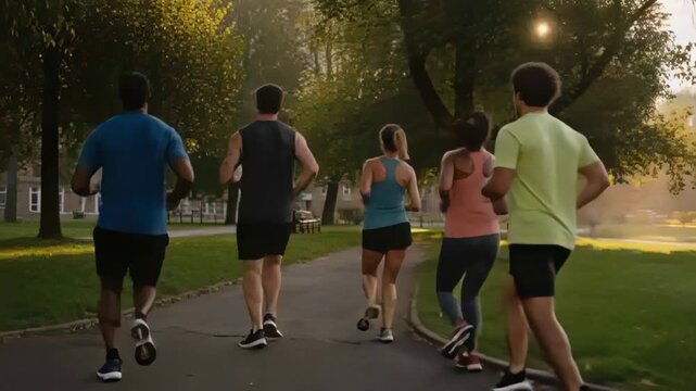 Jogging five runners keeping steady jog park path sun motivating wearing running shoes and watches