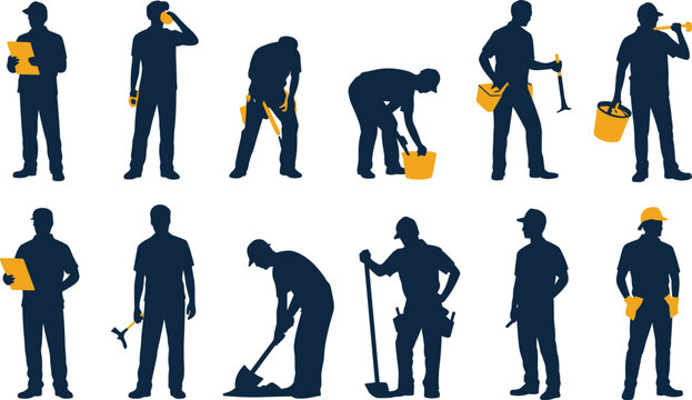 Construction worker silhouettes collection, handyman people with tools poses isolated modern labor vector design set package