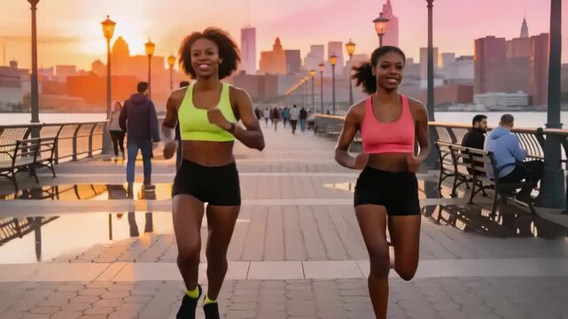 Running pair of women keeping pace on pier at sunrise for workout, showing neon sports bras