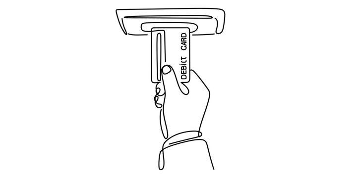 Hand inserting a debit card into an atm machine slot continuous line drawing Vector, illustration