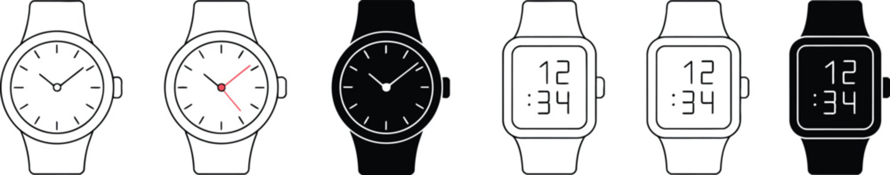 Smart watch icon featuring digital clock, wearable technology, wristwatch interface symbols in clean modern vector illustration style