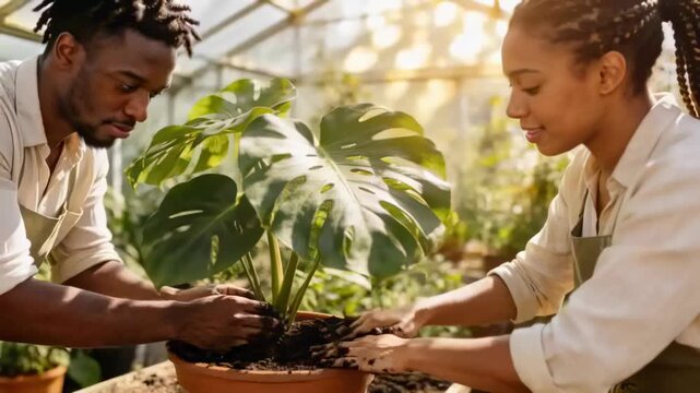 Placing Monstera rootball two adults in aprons pressing soil in sunny greenhouse ensuring stability