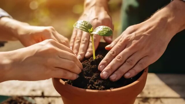 Guiding hands of 2 adults green-apron plaid firming soil around sprout securing at patio terracotta