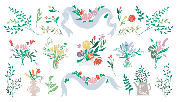 Botanical Flower Illustration, Bouquets, vase, wreath design