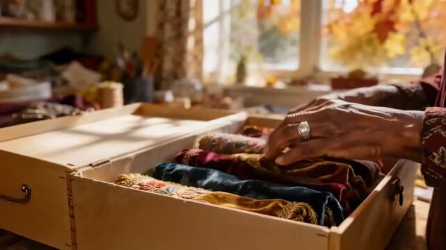 Scanning senior hands entering at home wearing striped top, ring lifting wooden box fabrics to sew