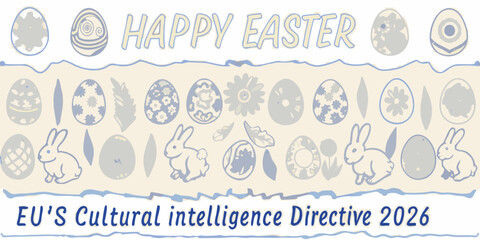 happy easter greeting card with blue and cream eggs rabbits and flowers high quality professional © Ripan