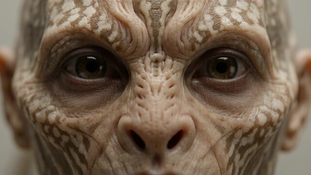 Close up detailed portrait of a creature with patterned skin and intense eyes, cinematic lighting
