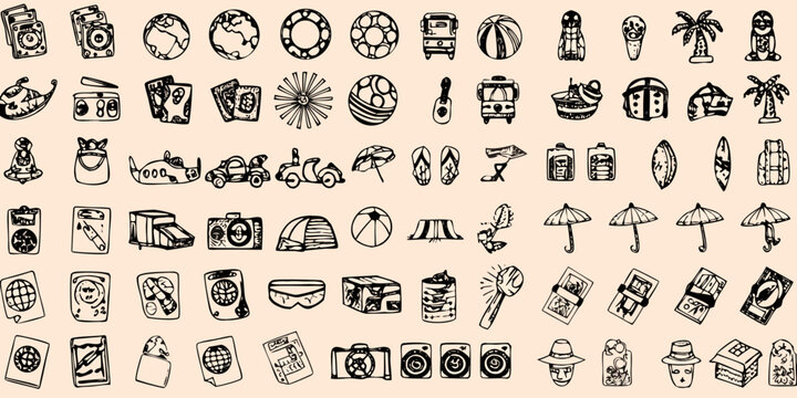 collection of black and white travel icons on beige background high quality professional detailed modern