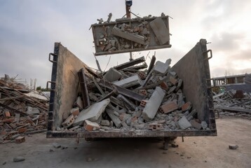 Fototapeta premium Demolition debris being loaded into a skip bin by a crane on a construction site
